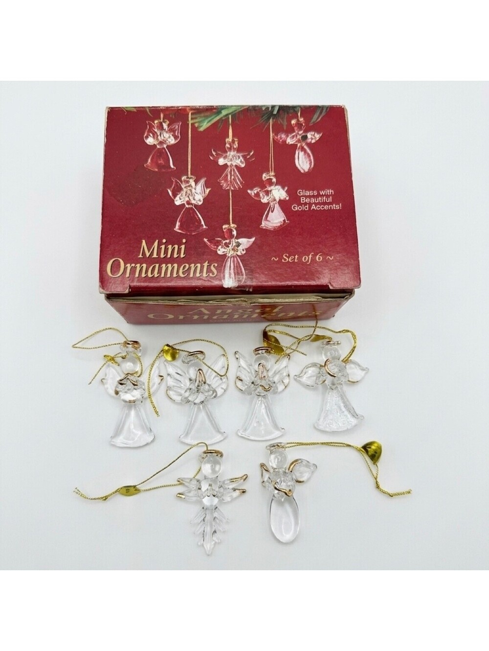 Giftco Mini Glass Angel Christmas Ornaments Set of 6 Gold Accents 2005 Box